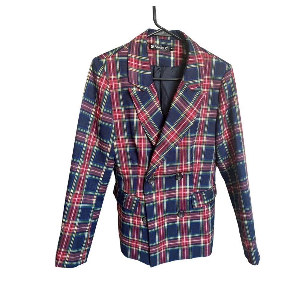 Red Navy White Plaid Academia Style Double-Breasted Blazer